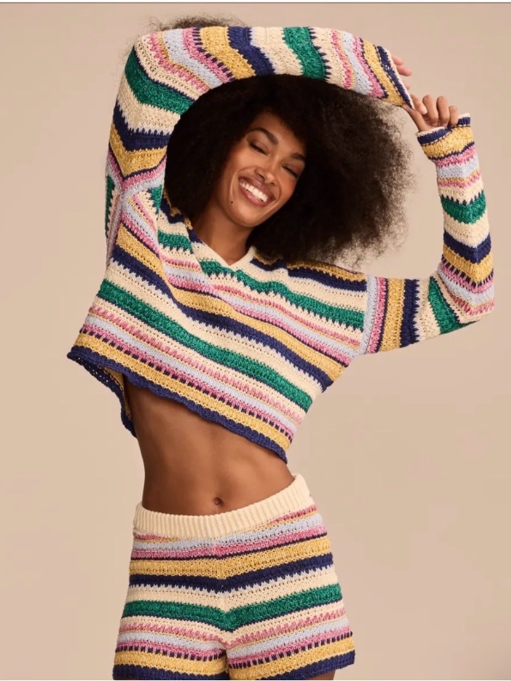 Lucky Brand Crochet Multi-Colored Cropped Hoodie & Shorts Matching Set